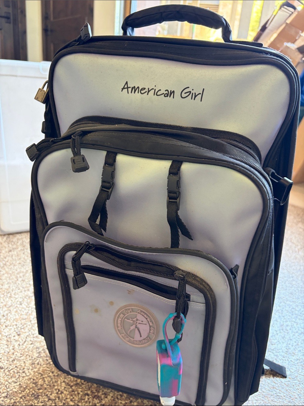 American Girl Lavender and Black Rolling Luggage with doll holder